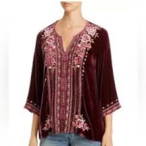 Johnny Was Burgundy Velvet Blouse with Pink Embroidery